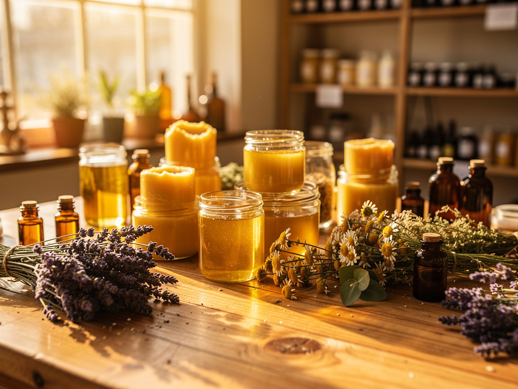 Handgemachte Naturkosmetik in einer Werkstatt mit Bienenwachs und pflanzlichen Ölen